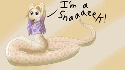 Size: 3840x2160 | Tagged: safe, artist:solarcis, derpibooru import, oc, oc:sunnybean, lamia, original species, clothes, dialogue, happy, human shoulders, im a snake, image, long hair, meme, png, ponified meme, shirt, simple background, solo, two toned hair
