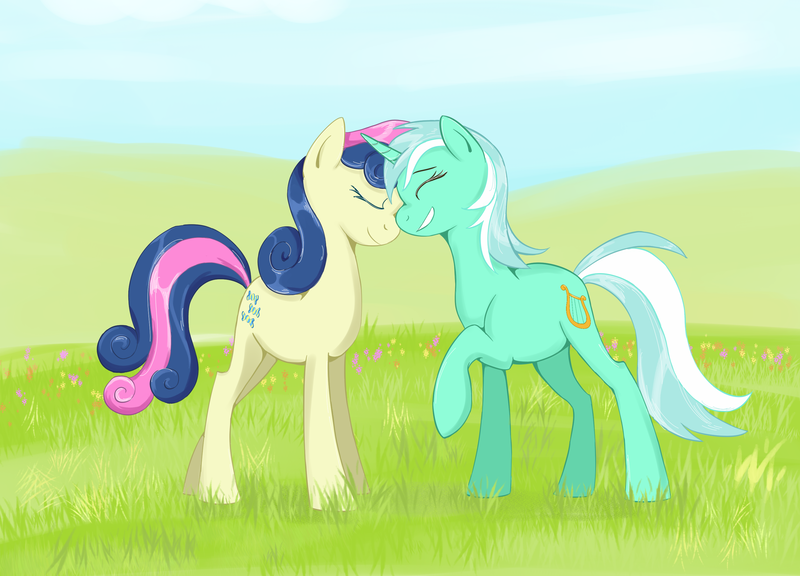 Size: 3000x2161 | Tagged: safe, artist:shanyata, derpibooru import, bon bon, lyra heartstrings, sweetie drops, earth pony, pony, unicorn, duo, eyes closed, female, g4, grass, horn, image, lesbian, lyrabon, nuzzling, png, raised hoof, shipping, side view, smiling