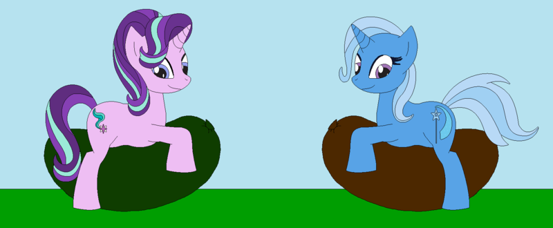 Size: 1651x682 | Tagged: safe, artist:marybethemberjoy49-1, derpibooru import, starlight glimmer, trixie, unicorn, balloon, balloon riding, duo, duo female, female, g4, horn, image, png, riding, that pony sure does love balloons