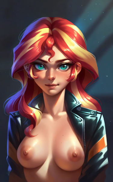 Size: 2560x4096 | Tagged: questionable, ai content, anonymous prompter, derpibooru import, machine learning generated, stable diffusion, sunset shimmer, human, equestria girls, areola, breasts, bust, busty sunset shimmer, clothes, female, g4, generator:pony diffusion v6 xl, generator:purplesmart.ai, human coloration, image, jacket, leather, leather jacket, looking at you, nipples, nudity, open clothes, open jacket, partial nudity, png, solo, solo female, upscaled