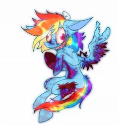Size: 1857x1985 | Tagged: grimdark, artist:chortzykit, derpibooru import, rainbow dash, pegasus, pony, alternate versions at source, belly, blood, concave belly, g4, image, jpeg, missing wing, simple background, smiling, solo, stitched body, stitches, white background
