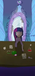 Size: 720x1547 | Tagged: semi-grimdark, artist:unstable576, derpibooru import, twilight sparkle, twilight sparkle (alicorn), alicorn, human, pony, equestria girls, broken, crying, failed experiment, female, flask, g4, image, jpeg, mid-transformation, mirror portal, portal, science experiment, solo, test tube, what has magic done