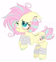 Size: 611x676 | Tagged: safe, artist:chortzykit, derpibooru import, fluttershy, pegasus, pony, alternate cutie mark, alternate design, bags under eyes, bandage, ear piercing, g4, heterochromia, image, jpeg, piercing, redesign, simple background, solo, white background, wingless