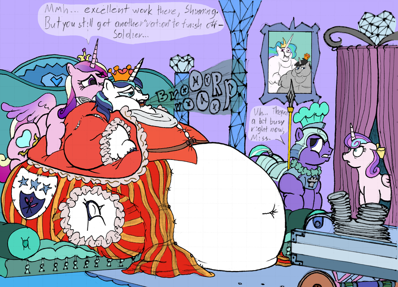 Size: 4103x2955 | Tagged: questionable, artist:polofastter, artist:white-eyed vireo, derpibooru import, princess cadance, princess flurry heart, shining armor, oc, oc:greyline, alicorn, pony, unicorn, belly, bhm, big belly, burp, decadence, fat, fat fetish, fetish, g4, graph paper, horn, huge belly, image, impossibly large belly, morbidly obese, obese, png, princess decadence, shining blubber, sketch