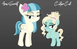 Size: 1920x1215 | Tagged: safe, artist:bearmation, derpibooru import, oc, oc:aria sonnet, oc:curtain call, unofficial characters only, earth pony, pegasus, pony, duo, duo female, female, filly, flower, flower in hair, foal, gradient background, grin, image, lidded eyes, looking at you, name, offspring, parent:coco pommel, parent:zephyr breeze, parents:cocobreeze, png, siblings, sisters, smiling, smiling at you