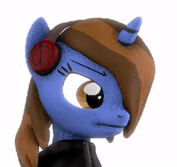 Size: 394x372 | Tagged: safe, artist:mod-madclicker, oc, oc:mod-madclicker, unofficial characters only, pony, unicorn, 3d, bust, clothes, female, frown, headphones, image, jacket, jpeg, mare, portrait, simple background, solo, source filmmaker, white background
