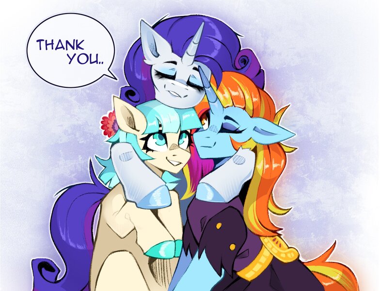 Size: 2835x2169 | Tagged: safe, artist:buvanybu, derpibooru import, coco pommel, rarity, sassy saddles, earth pony, pony, unicorn, clothes, cocobetes, cute, dress, eyes closed, eyeshadow, female, grin, horn, hug, image, jpeg, lesbian, makeup, mare, one eye closed, raribetes, rarisaddles, sassybetes, ship:marshmallow coco, shipping, smiling, speech bubble, trio, trio female, unshorn fetlocks, wink