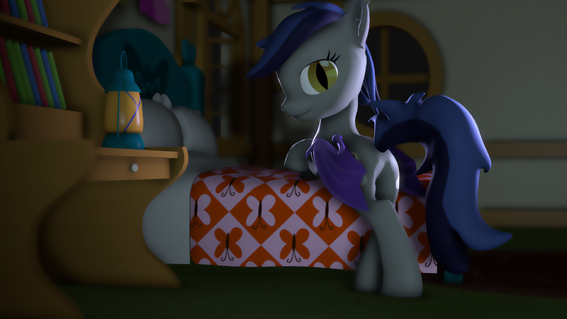 Size: 1920x1080 | Tagged: dead source, suggestive, artist:digiveemhf, oc, oc:echo, unofficial characters only, bat pony, pony, 3d, bed, book, butt, crossed legs, desk, female, image, lamp, leaning, looking at you, looking back, looking back at you, mare, pillow, plot, png, presenting, raised hoof, smiling at you, solo, source filmmaker, tail