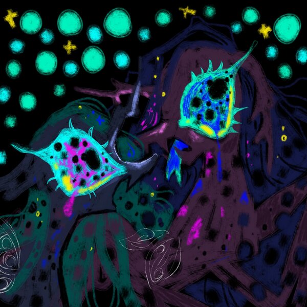 Size: 4000x4000 | Tagged: safe, artist:larvaecandy, derpibooru import, queen chrysalis, changeling, changeling queen, pony, abstract background, absurd resolution, alternate color palette, alternate design, alternate eye color, big eyes, black coat, blue mane, colored eyelashes, crying, duality, eyelashes, fangs, female, floppy ears, g4, image, jpeg, long mane, looking at each other, looking at someone, mare, multicolored eyes, open mouth, profile, purple coat, rearing, self paradox, self ponidox, sharp teeth, sparkles, spread wings, straight mane, stylized, teardrop, teeth, transparent wings, trypophobia, unusual pupils, wingding eyes, wings