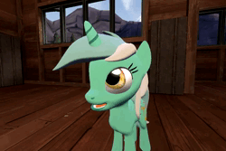 Size: 720x480 | Tagged: safe, artist:sfmbrony, derpy hooves, lyra heartstrings, pony, unicorn, animated, cutie mark, derp, dingo pictures, dinosaur adventure, image, indoors, looking at you, looking up, lyra is not amused, mp4, open mouth, oro (dingo pictures), spread wings, tail, unamused, wings, yee, youtube link
