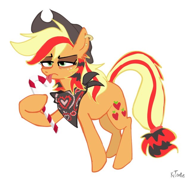 Size: 1003x969 | Tagged: safe, artist:chortzykit, derpibooru import, applejack, earth pony, pony, alternate design, bandana, candy, candy cane, coontails, food, g4, image, jpeg, scenecore, simple background, white background