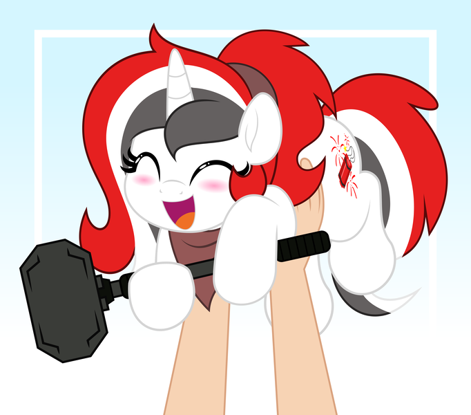 Size: 5680x5000 | Tagged: safe, artist:jhayarr23, derpibooru import, oc, oc:red rocket, unofficial characters only, unicorn, blushing, clothes, commission, cute, cutie mark, hammer, happy, horn, image, png, scarf, sledgehammer, your character here