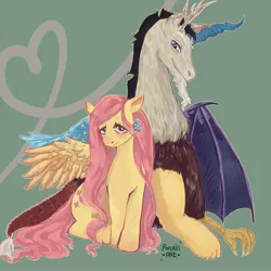 Size: 4000x4000 | Tagged: safe, artist:popurin, derpibooru import, discord, fluttershy, draconequus, pegasus, antlers, blush sticker, blushing, duo, duo male and female, female, flower, flower in hair, heart, heart eyes, horn, image, implied discoshy, implied shipping, implied straight, jpeg, male, signature, spread wings, wingding eyes, wings