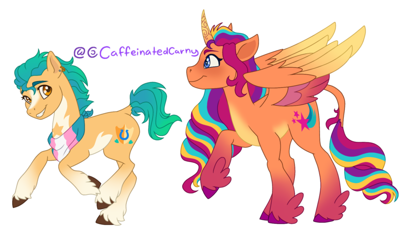 Size: 1798x1000 | Tagged: safe, artist:caffeinatedcarny, derpibooru import, hitch trailblazer, sunny starscout, alicorn, earth pony, pony, g5, my little pony: a new generation, blushing, coat markings, colored hooves, colored wings, countershading, curved horn, duo, ear piercing, feathered fetlocks, gradient hooves, gradient mane, gradient wings, horn, horn runes, image, leonine tail, markings, multicolored hair, piercing, png, pride, pride flag, race swap, redesign, siblings, simple background, sunnycorn, tail, transgender, transgender pride flag, transmasc, unshorn fetlocks, wings