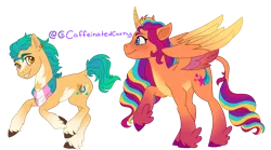 Size: 1798x1000 | Tagged: safe, artist:caffeinatedcarny, derpibooru import, hitch trailblazer, sunny starscout, alicorn, earth pony, pony, g5, my little pony: a new generation, blushing, coat markings, colored hooves, colored wings, countershading, curved horn, duo, ear piercing, feathered fetlocks, gradient hooves, gradient mane, gradient wings, horn, horn runes, image, leonine tail, markings, multicolored hair, piercing, png, pride, pride flag, race swap, redesign, siblings, simple background, sunnycorn, tail, transgender, transgender pride flag, transmasc, unshorn fetlocks, wings