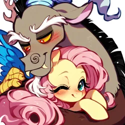 Size: 4096x4096 | Tagged: safe, ai content, derpibooru import, machine learning generated, prompter:doomguy397, stable diffusion, discord, fluttershy, draconequus, pony, blushing, cuddling, cute, g4, generator:purplesmart.ai, holding a pony, image, png, shyabetes, simple background, white background