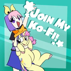 Size: 2039x2048 | Tagged: safe, artist:melodymelanchol, derpibooru import, oc, oc:hodge podge, unofficial characters only, human, pony, unicorn, abstract background, duo, female, floppy ears, hat, holding a pony, horn, image, jpeg, mare, unshorn fetlocks