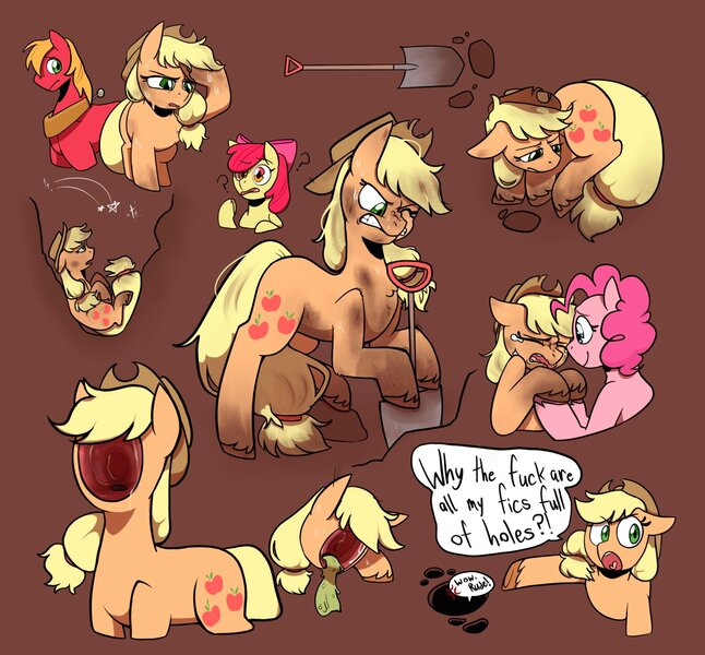 Size: 2048x1901 | Tagged: semi-grimdark, artist:melodymelanchol, derpibooru import, apple bloom, applejack, big macintosh, pinkie pie, earth pony, pony, applejack's hat, bow, brown background, chest fluff, cowboy hat, dialogue, digging, female, hair bow, hat, hole, horse collar, image, jpeg, mare, meta, no face, question mark, shovel, simple background, speech bubble, sweat, unshorn fetlocks, vomit, vomiting