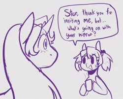 Size: 852x684 | Tagged: safe, artist:melodymelanchol, derpibooru import, oc, oc:gacha, oc:star voyeur, unofficial characters only, earth pony, pony, unicorn, dialogue, drink, duo, female, hoof hold, horn, image, jpeg, mare, monochrome, simple background, sketch, speech bubble, white background