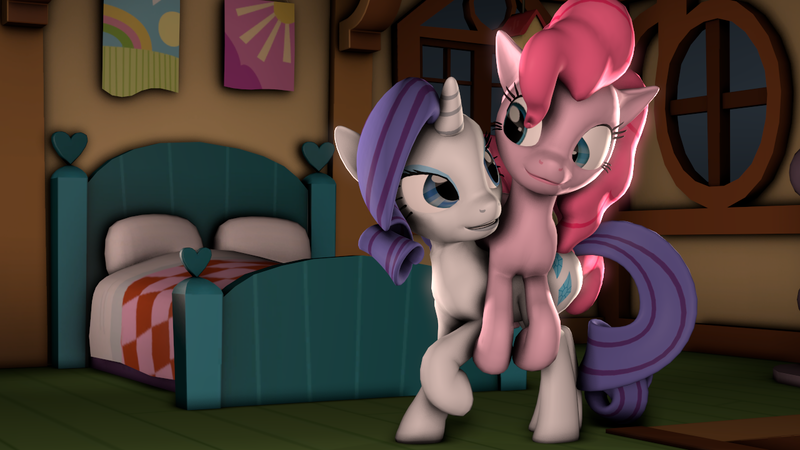 Size: 1280x720 | Tagged: safe, artist:digiveemhf, pinkie pie, rarity, earth pony, pony, unicorn, 3d, bed, carrying, cutie mark, grin, image, looking at each other, pillow, png, ponies riding ponies, raised hoof, riding, smiling, smiling at each other, source filmmaker, tail, window