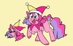 Size: 1239x782 | Tagged: safe, artist:melodymelanchol, derpibooru import, pinkie pie, earth pony, pony, female, g4, hat, image, jester hat, jester outfit, jpeg, kinsona, kirby (series), mare, reference, simple background, solo, yellow background