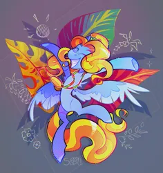 Size: 2211x2342 | Tagged: safe, artist:singingsun, derpibooru import, oc, oc:singing sun, unofficial characters only, pegasus, pony, abstract background, colored wings, eyes closed, female, flying, happy, image, pegasus oc, png, solo, tail, two toned wings, wavy hair, wavy mane, wavy tail, wings