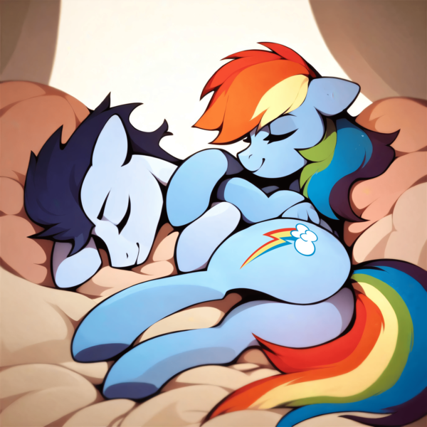 Size: 4096x4096 | Tagged: safe, ai content, derpibooru import, machine learning generated, prompter:*rainbow dash*, rainbow dash, soarin', bed, cuddling, female, g4, image, male, png, shipping, sleeping, soarindash, straight