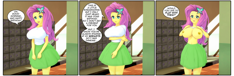 Size: 4524x1483 | Tagged: questionable, artist:misunderstoodsecrets, derpibooru import, fluttershy, human, equestria girls, 3d, big breasts, breasts, busty fluttershy, clothes, comic, g4, image, koikatsu, looking at you, nipples, nudity, png, shirt, shirt lift, skirt, solo, talking to viewer