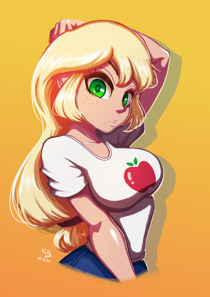 Size: 706x1000 | Tagged: safe, artist:the-park, derpibooru import, applejack, human, equestria girls, breasts, busty applejack, female, g4, gradient background, half body, hand on head, hatless, image, missing accessory, png, solo