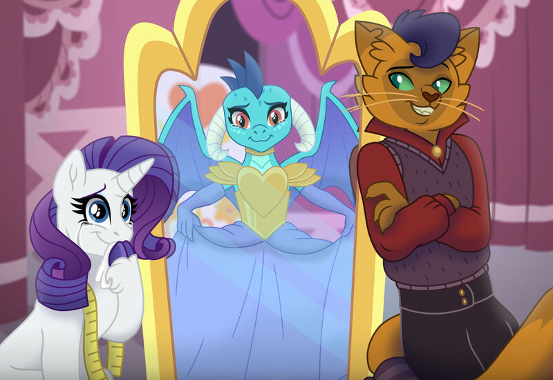 Size: 1600x1101 | Tagged: safe, artist:faitheverlasting, derpibooru import, part of a set, capper dapperpaws, princess ember, rarity, abyssinian, anthro, cat, dragon, pony, unicorn, my little pony: the movie, armor, clothes, cloven hooves, commission, crying, dragoness, dress, female, gown, grin, horn, image, jpeg, male, mare, mirror, reflection, smiling, story in the source, tears of joy, teary eyes, trio, trio male and female