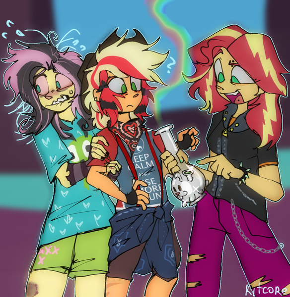 Size: 1046x1074 | Tagged: safe, artist:chortzykit, derpibooru import, applejack, fluttershy, sunset shimmer, human, equestria girls, alternate hairstyle, antonymph, bong, clothes, drugs, dyed hair, female, flutterhigh, fluttgirshy, g4, gir, high, image, invader zim, keep calm and carry on, nervous, pants, png, ripped pants, shorts, speedpaint available, torn clothes, trio, vylet pony