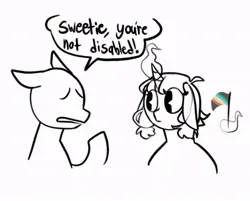 Size: 852x684 | Tagged: safe, artist:melodymelanchol, derpibooru import, oc, oc:gacha, unofficial characters only, pony, unicorn, dialogue, disability pride, disability pride flag, female, horn, image, jpeg, magic, mare, pride, pride flag, simple background, sketch, speech bubble, telekinesis, white background
