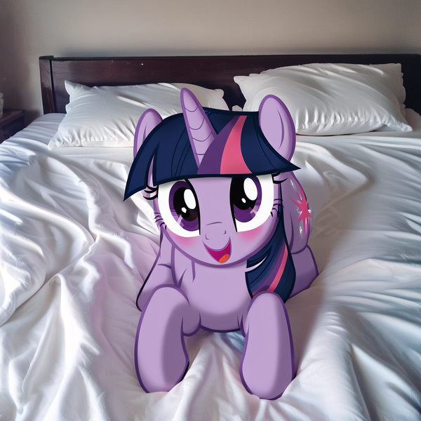 Size: 1024x1024 | Tagged: safe, ai content, derpibooru import, machine learning generated, stable diffusion, twilight sparkle, pony, unicorn, bed, blushing, generator:pony diffusion v6 xl, horn, image, irl, laying on bed, looking at you, lying down, on bed, open mouth, photo, pillow, png, solo, unicorn twilight