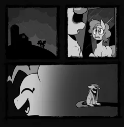 Size: 2002x2048 | Tagged: safe, alternate version, artist:melodymelanchol, derpibooru import, pinkie pie, earth pony, pony, comic:rotten harmony, black and white, comic, female, grayscale, image, jpeg, mare, monochrome, pinkamena diane pie, rain, rock farm