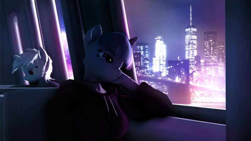 Size: 3840x2160 | Tagged: safe, artist:monarchy01, derpibooru import, lyra heartstrings, twilight sparkle, anthro, pony, unicorn, 3d, 4k, arm fluff, bridge, cheek fluff, choker, city, cityscape, clothes, duo, ear fluff, female, fluffy, freckles, fur, g4, high res, hoodie, horn, image, mare, night, paintover, png, revamped anthros, revamped ponies, signature, sitting, source filmmaker, sparkly eyes, stars, wallpaper, wingding eyes