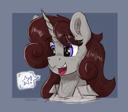 Size: 2705x2365 | Tagged: safe, artist:reddthebat, derpibooru import, oc, oc:violina (reddthebat), unofficial characters only, pony, unicorn, blue background, bust, ear fluff, female, high res, horn, image, jpeg, mare, open mouth, open smile, passepartout, pictogram, simple background, smiling, solo, speech bubble