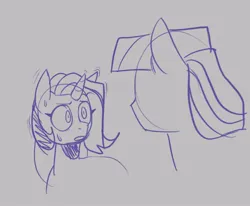 Size: 2048x1686 | Tagged: safe, artist:melodymelanchol, derpibooru import, starlight glimmer, twilight sparkle, alicorn, pony, unicorn, duo, female, gray background, horn, image, jpeg, mare, monochrome, offscreen character, question mark, simple background, sketch, sweat