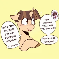 Size: 1928x1928 | Tagged: safe, artist:melodymelanchol, derpibooru import, velvet sky, wiz kid, pegasus, pony, unicorn, dialogue, duo, eye clipping through hair, eyebrows, eyebrows visible through hair, female, horn, image, jpeg, male, mare, simple background, speech bubble, stallion, yellow background