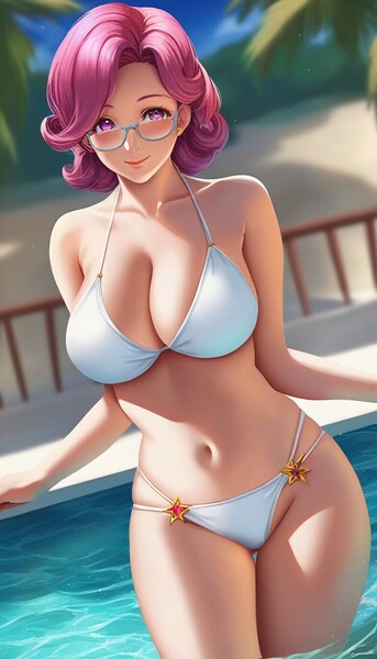 Size: 768x1344 | Tagged: suggestive, ai content, derpibooru import, editor:sammykun, machine learning generated, stable diffusion, posey shy, human, belly button, big breasts, bikini, breasts, busty posey shy, cleavage, clothes, female, g4, generator:pony diffusion v6 xl, generator:purplesmart.ai, glasses, humanized, image, jpeg, legs in the water, looking at you, midriff, milf, partially submerged, prompter:sammykun, short hair, smiling, solo, solo female, stupid sexy posey shy, swimming pool, swimsuit, white bikini, wide hips