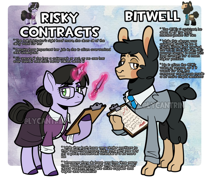 Size: 2048x1755 | Tagged: safe, artist:lycantrin, derpibooru import, oc, oc:bitwell, oc:risky contracts, ponified, alpaca, llama, pony, unicorn, pony town, alpaca oc, bidwell, biography, black coat, black mane, blushing, brown eyes, bun hairstyle, bushy tail, button-up shirt, cardigan, clipboard, clothes, collared shirt, digital art, duo, fanart, fandom, floating, fountain pen, glasses, glow, glowing horn, green eyes, horn, image, long skirt, looking at you, messy mane, necktie, no pants, office, office lady, office worker, pauling, pleated skirt, png, pony town oc, purple coat, purple magic, reference sheet, rolled up sleeves, shirt, signature, skirt, statistics, tail, tail bun, team fortress 2, three piece suit, tied tail, tuxedo, unicorn oc, wall of tags, watercolor background, watermark, wool, worker, worker drone