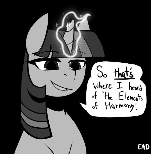 Size: 2002x2048 | Tagged: safe, artist:melodymelanchol, derpibooru import, twilight sparkle, pony, unicorn, black and white, black background, dialogue, evil twilight, female, grayscale, image, jpeg, magic, mare, monochrome, simple background, solo, speech bubble, unicorn twilight