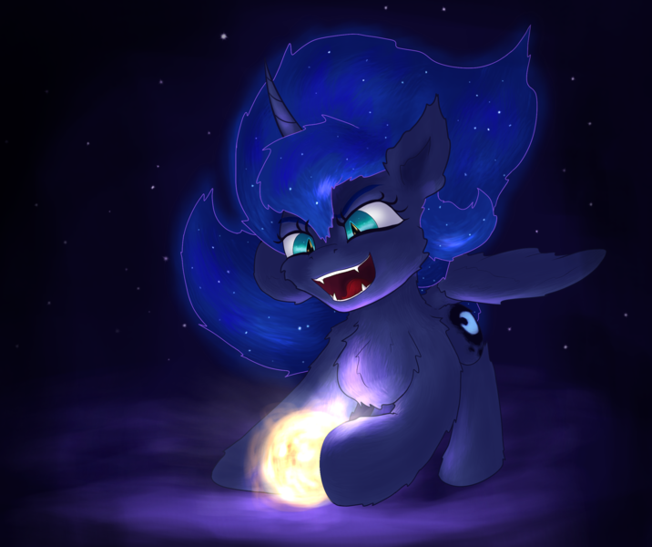 Size: 2595x2174 | Tagged: safe, artist:gosha305, derpibooru import, princess luna, alicorn, pony, behaving like a cat, chest fluff, cute, dark background, ear fluff, ethereal mane, fangs, female, fluffy, full body, horn, image, mare, open mouth, playing, png, running, slit pupils, solo, starry mane, sun, tangible heavenly object, teeth, wings, younger