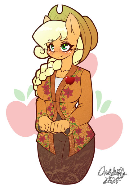 Size: 744x1074 | Tagged: safe, artist:chiefywiffy, derpibooru import, applejack, anthro, earth pony, applejack's hat, braid, clothes, cowboy hat, dress, hat, image, png, simple background, solo