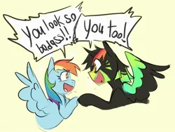 Size: 2048x1544 | Tagged: safe, artist:melodymelanchol, derpibooru import, rainbow dash, oc, oc:nighttime lights, alicorn, pony, alicorn oc, dialogue, duo, female, holding hooves, horn, image, jpeg, looking at each other, looking at someone, male, mare, simple background, speech bubble, spread wings, stallion, wings, yellow background
