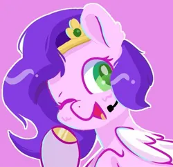 Size: 533x514 | Tagged: safe, artist:comfort_ponies, derpibooru import, pipp petals, pegasus, pony, g5, blush scribble, blushing, colored hooves, crown, female, folded wings, gold hooves, headset mic, hooves, image, jewelry, jpeg, lavender background, looking at you, mare, one eye closed, open mouth, positive ponies, regalia, simple background, solo, wings, wink, winking at you