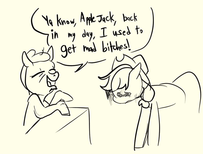 Size: 2048x1556 | Tagged: safe, artist:melodymelanchol, derpibooru import, applejack, granny smith, earth pony, pony, applejack's hat, cowboy hat, dialogue, duo, female, hat, image, jpeg, mare, monochrome, simple background, sketch, speech bubble, vulgar