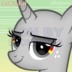 Size: 512x512 | Tagged: safe, artist:kichimina, derpibooru import, pony, unicorn, advertisement, animated, bust, colored, commission, eyebrow wiggle, eyebrows, eyeshadow, female, g4, generic pony, gif, gradient background, horn, image, lidded eyes, looking at you, loop, makeup, mare, perfect loop, portrait, show accurate, signature, smiling, smiling at you, smirk, solo, vector, watermark, wrinkles, ych animation, your character here