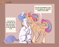 Size: 2150x1703 | Tagged: safe, artist:sabiwabii, derpibooru import, oc, oc:moonstone, oc:party favor, unofficial characters only, pegasus, pony, unicorn, brown background, coat markings, duo, duo female, eyes closed, female, horn, hug, image, jpeg, magical lesbian spawn, mare, offspring, open mouth, open smile, pale belly, parent:pinkie pie, parent:rainbow dash, parents:pinkiedash, partially open wings, simple background, sitting, smiling, socks (coat marking), wings