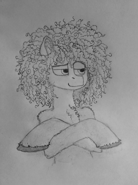Size: 3060x4080 | Tagged: safe, artist:curly horse, derpibooru import, oc, pony, chest fluff, crossed hooves, curly hair, curly mane, fluffy, image, jpeg, male, pencil drawing, silly, smug, solo, stallion, traditional art