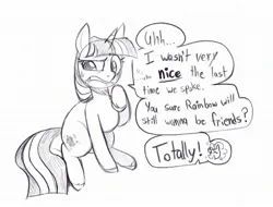 Size: 2048x1556 | Tagged: safe, artist:melodymelanchol, derpibooru import, pinkie pie, twilight sparkle, earth pony, pony, unicorn, black and white, dialogue, duo, female, grayscale, image, jpeg, mare, monochrome, sketch, speech bubble, sweat, unicorn twilight, unshorn fetlocks